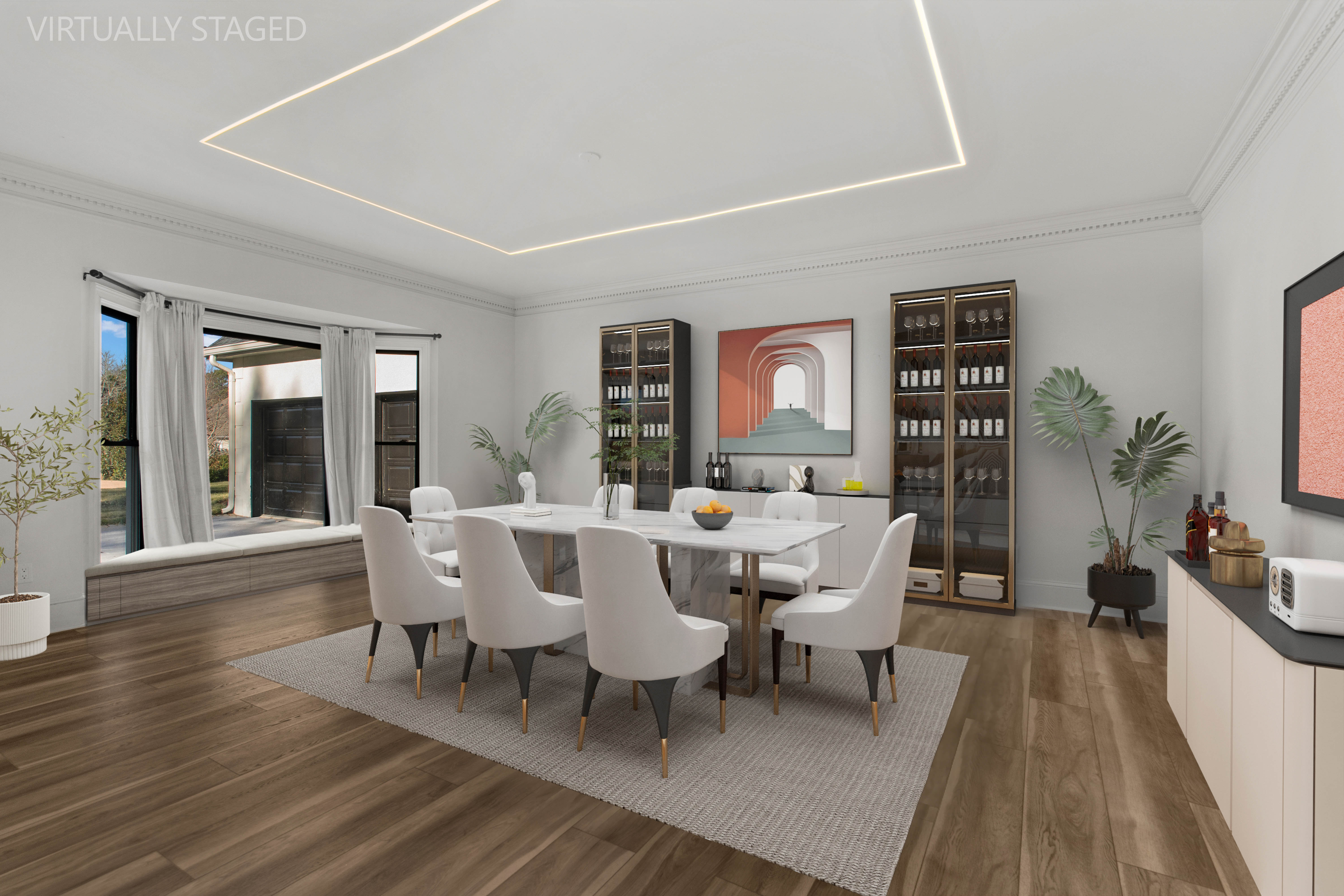 Dining room after — virtually staged, wide-plank floors