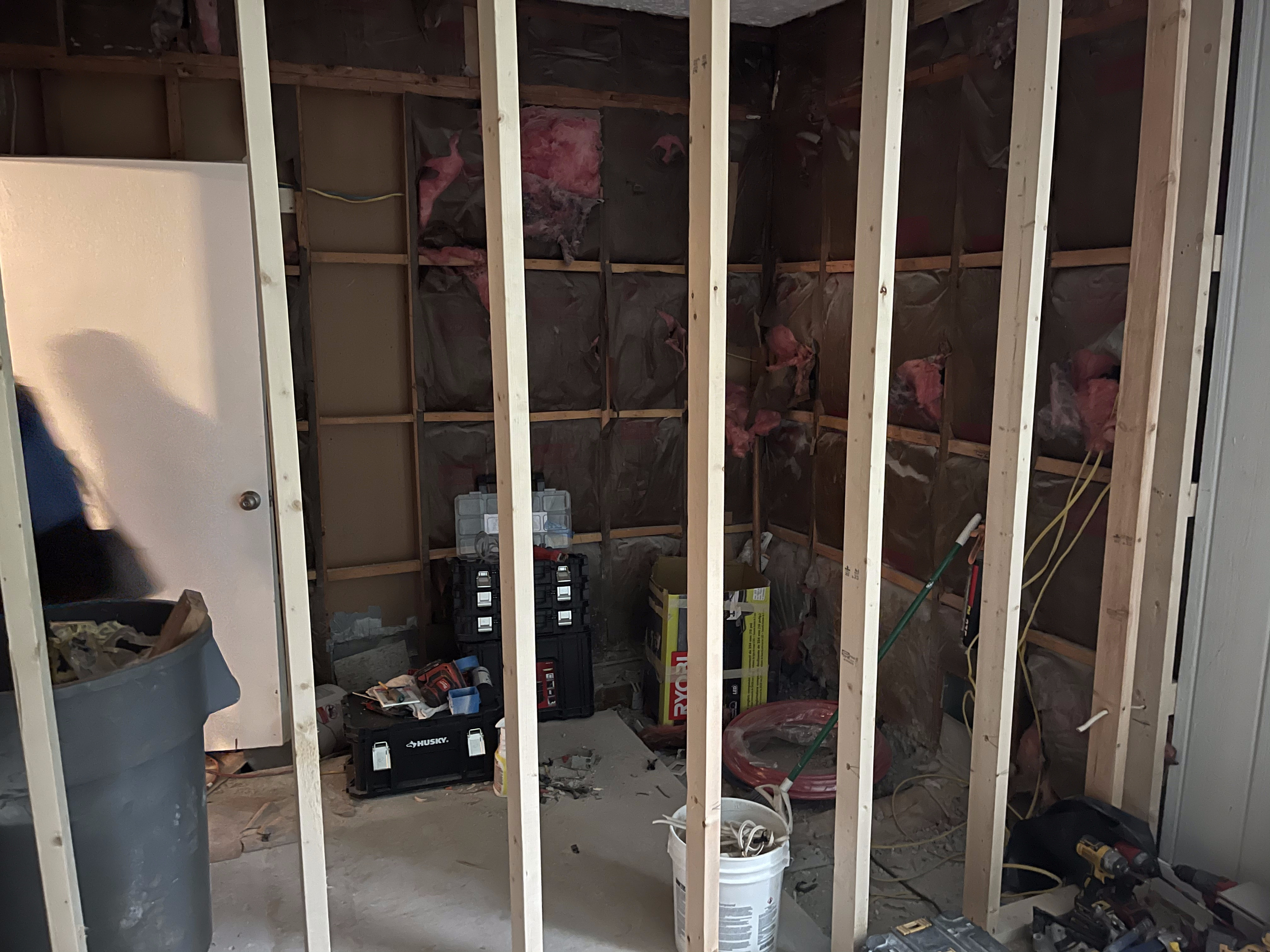 Interior before — gutted to studs, exposed insulation