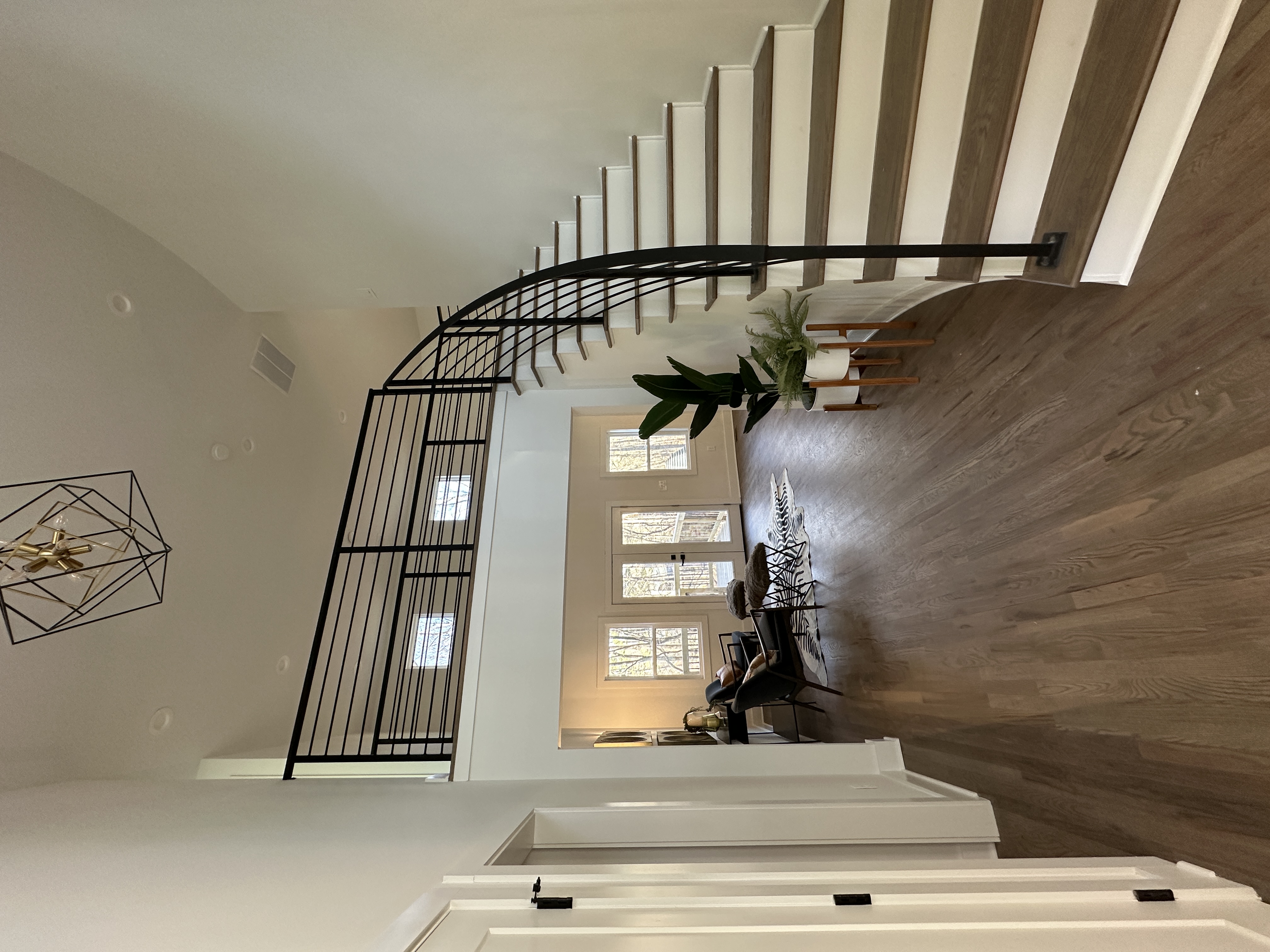Staged foyer with curved staircase, plants, furniture