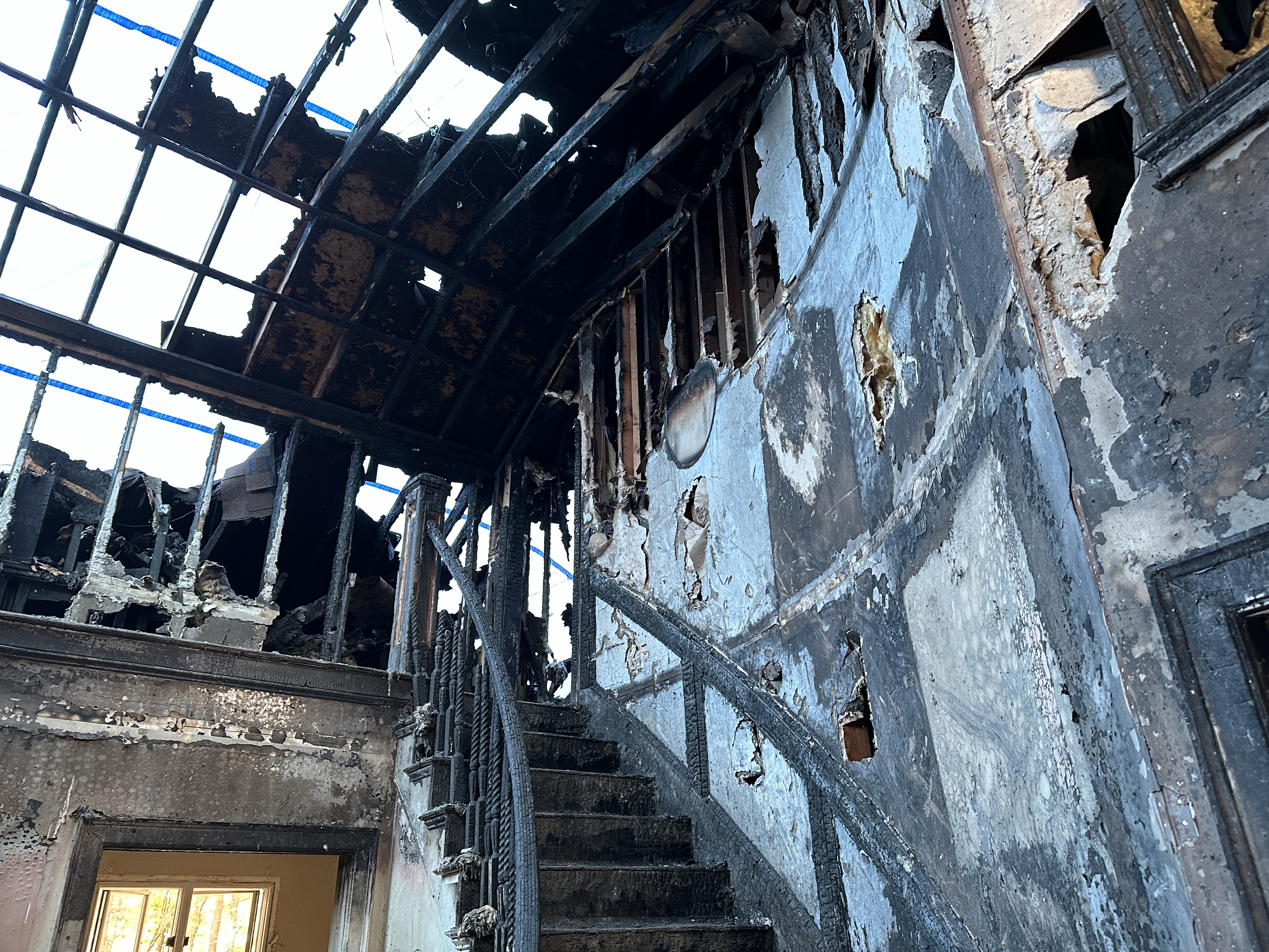 Fire-damaged staircase interior